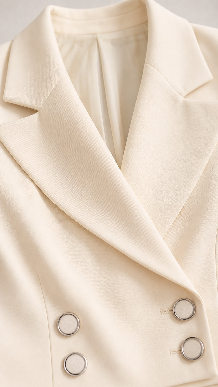 Close-up detail of cream notched lapel collar and double-breasted buttons