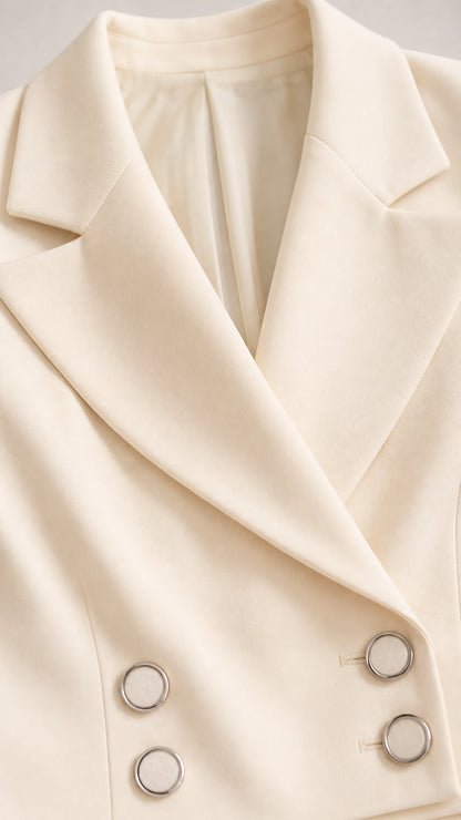 Close-up detail of cream notched lapel collar and double-breasted buttons