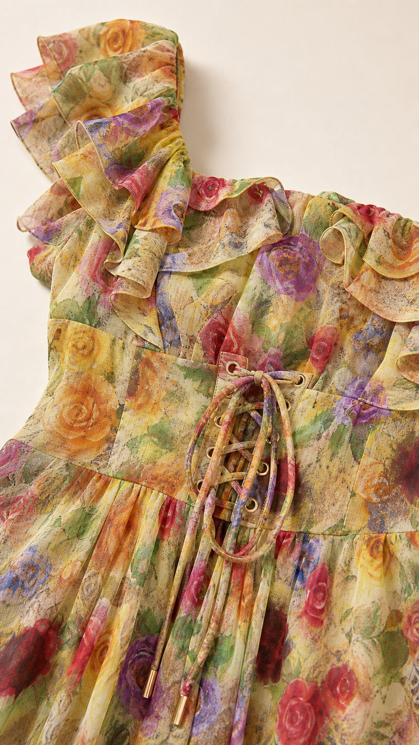 Close-up detail of ruffle neckline and front lace-up corset tie in Yellow Floral