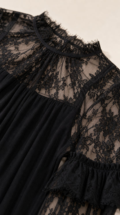 Close-up of high mock neckline and lace sleeve details