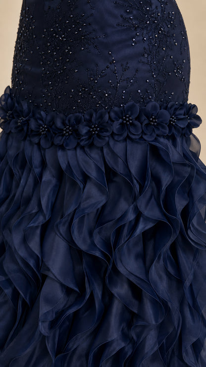 Close-up of navy blue gown beaded bodice and 3D floral waistband detail