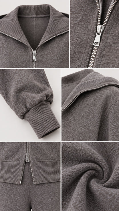 Close-up detail collage showing zipper, ribbed cuffs, and soft knit texture