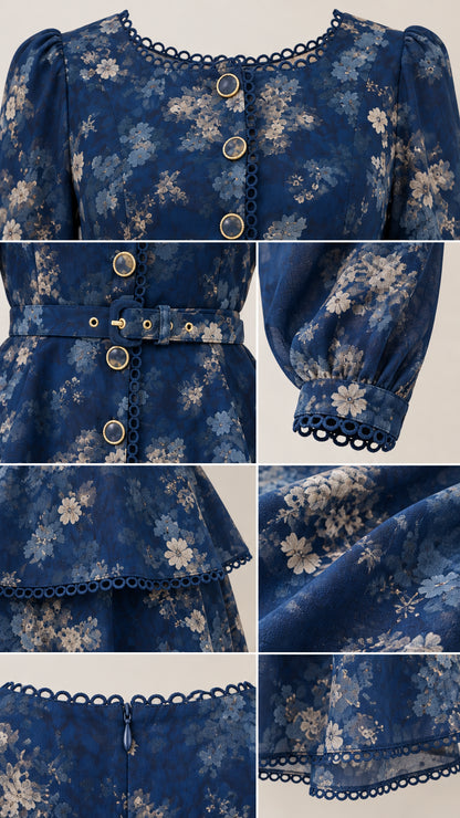 Close-up details of scalloped neckline, buttons, belt, cuffs, and hem on floral dress
