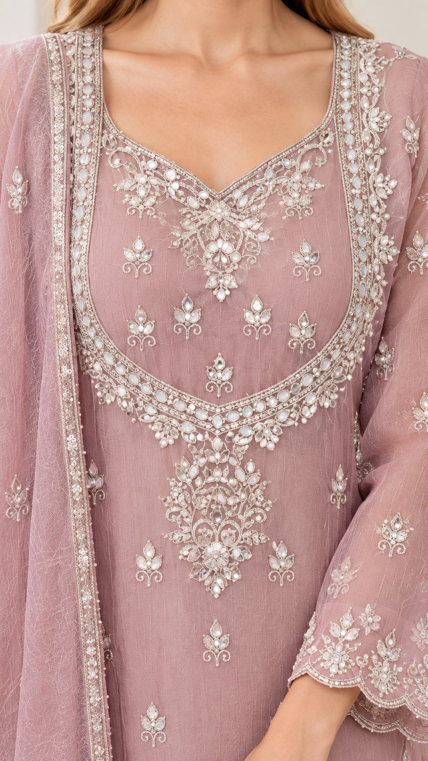 Close-up detail of silver floral embroidery and sequin work on scoop neckline