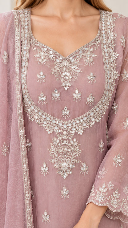 Close-up detail of silver floral embroidery and sequin work on scoop neckline