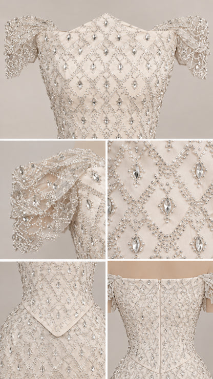 Close-up details of diamond lattice beadwork, basque waist, and cap sleeves