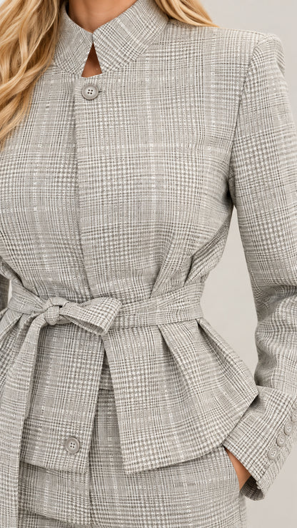 Close-up detail of Light Grey plaid stand collar, front buttons, and tie belt