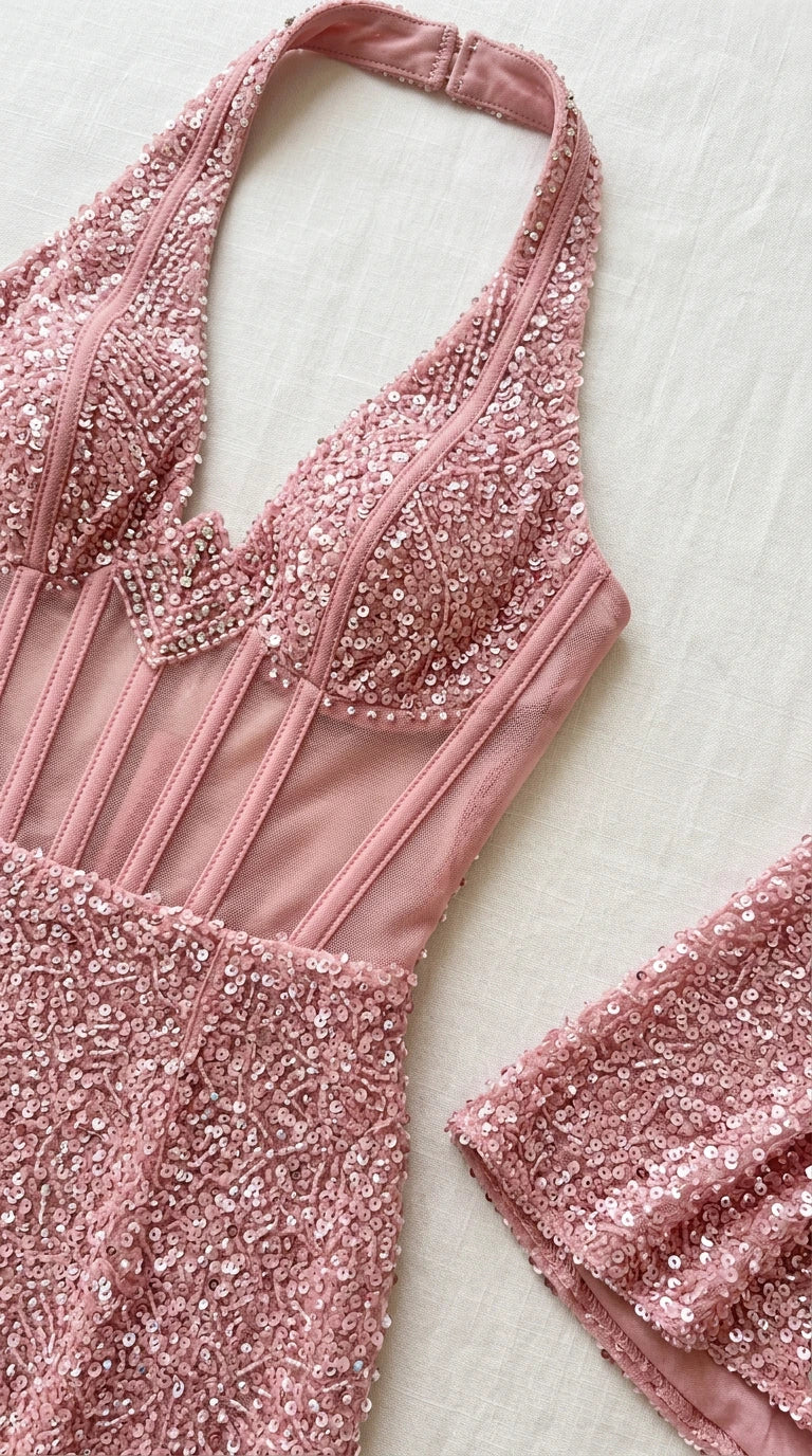 Close-up detail of sheer illusion corset boning and sequin embroidery on halter top