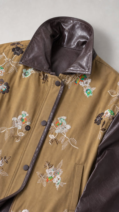 Close-up detail of floral embroidery and faux leather collar on Khaki jacket