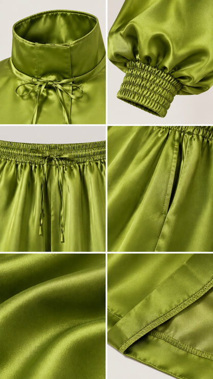 Detailed close-up collage of olive green satin jumpsuit showing neckline, smocked cuff, waistband, pocket, and fabric texture