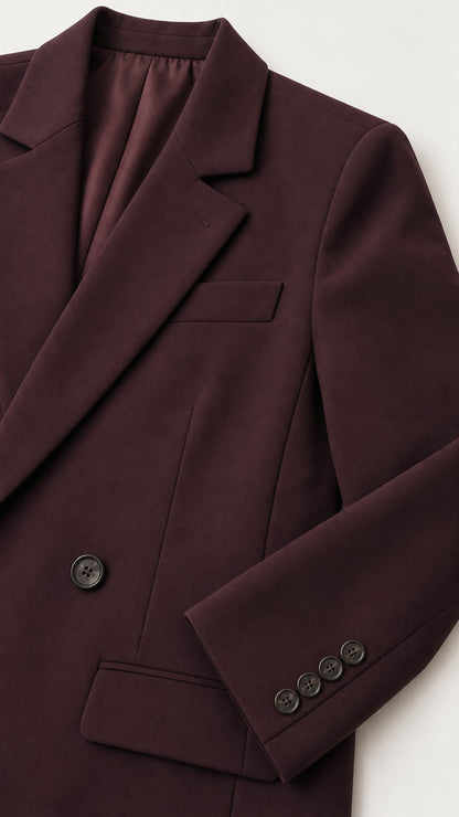 Close-up detail of burgundy suit lapel, chest pocket, and cuff buttons