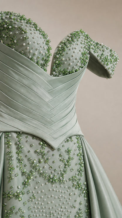 Close up of beaded bodice and off-shoulder straps