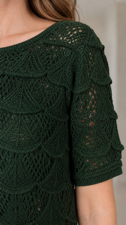 Close-up of shoulder and sleeve detail on dark green knit dress