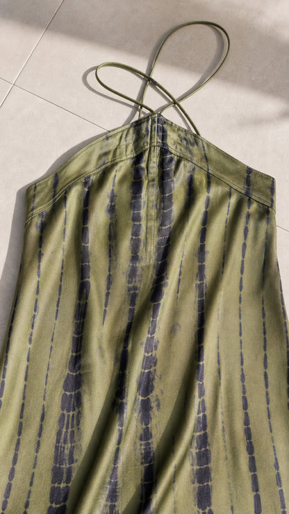 Close-up of halter strap and vertical tie-dye fabric pattern