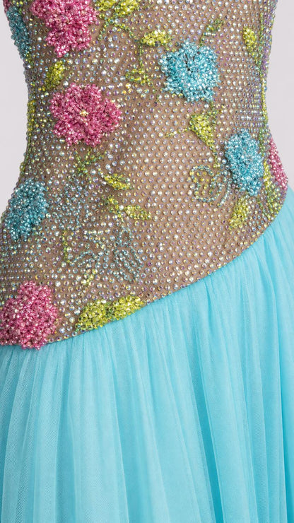Close-up of beaded and crystal embellished bodice on light blue tulle dress