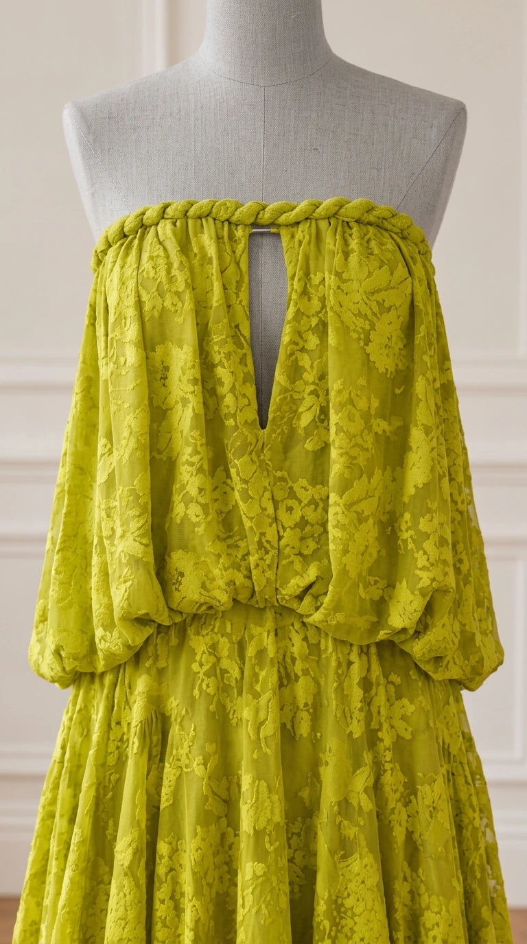 Close-up mannequin detail of keyhole cutout and braided neckline on Chartreuse Green dress