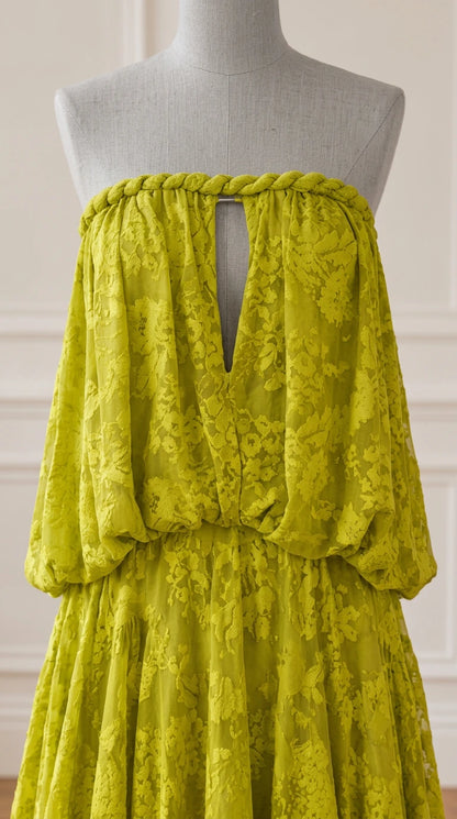 Close-up mannequin detail of keyhole cutout and braided neckline on Chartreuse Green dress