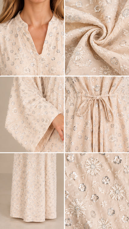 Detail shots of sequin floral embroidery, neckline, sleeves, and tie waist