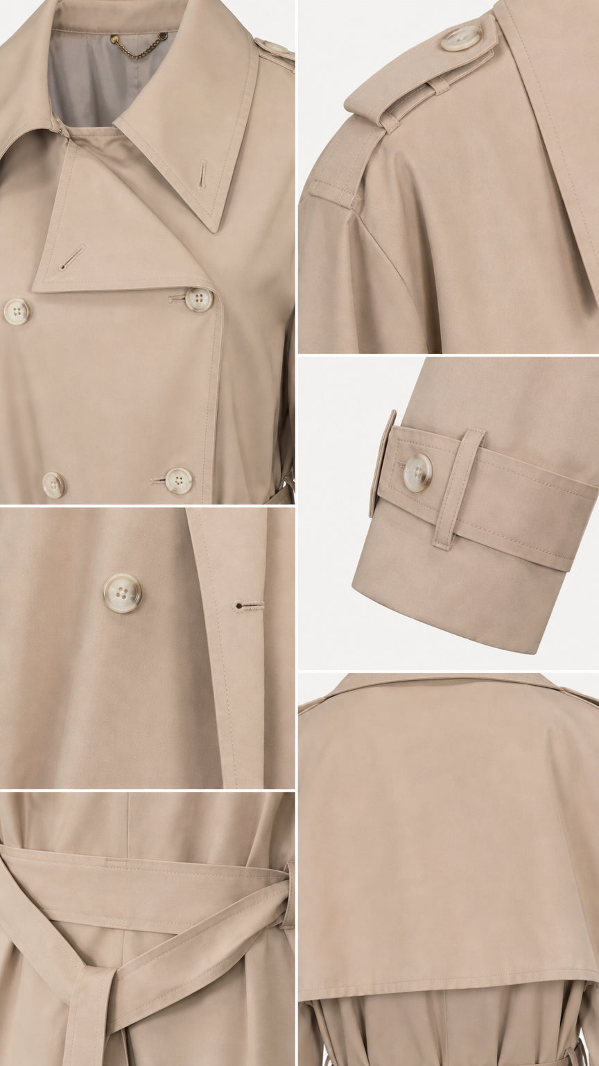 Detailed close-ups of lapel, buttons, cuff tabs, belt loops, and storm flap on beige trench coat