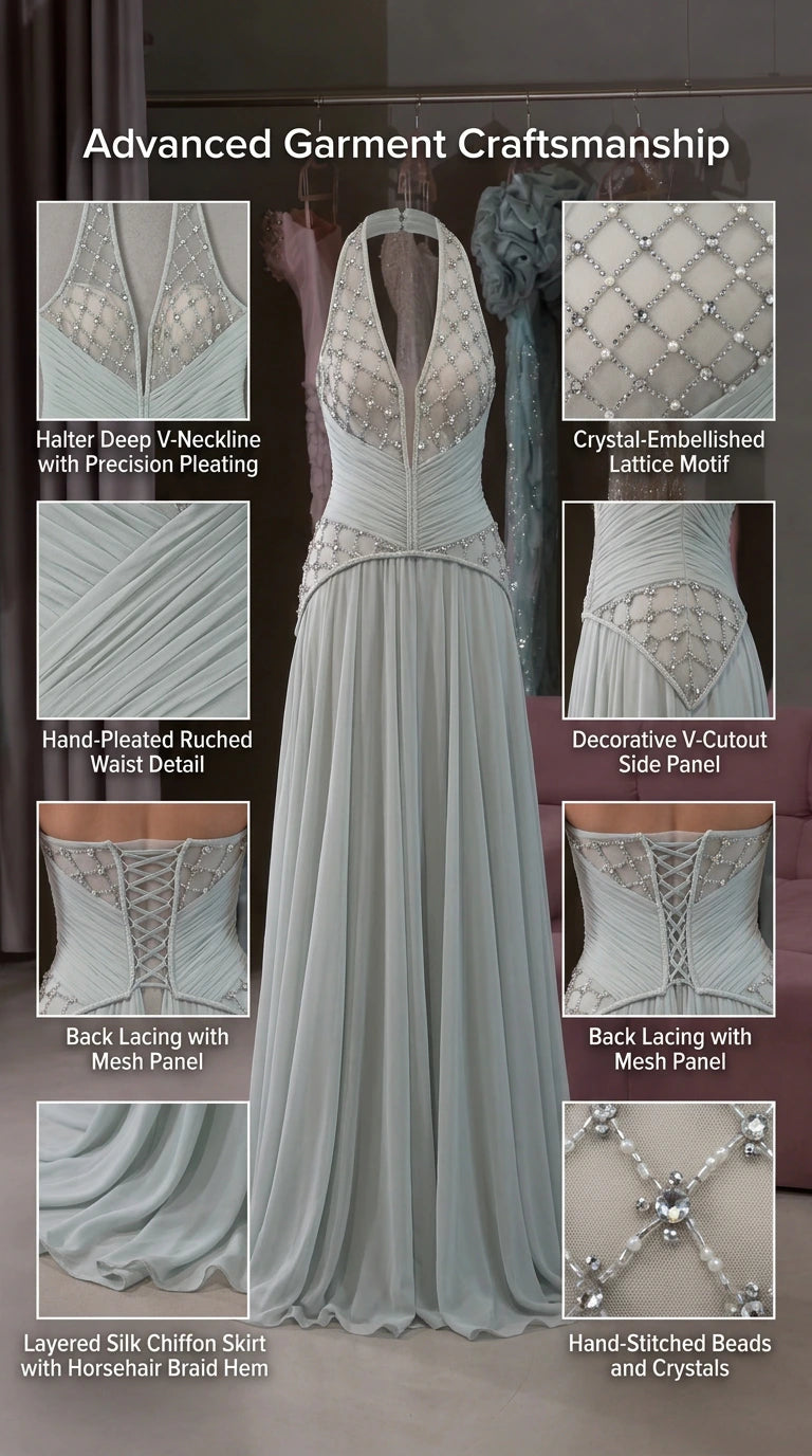 Detailed craftsmanship breakdown of halter neckline, beaded lattice, ruched waist, and back lacing