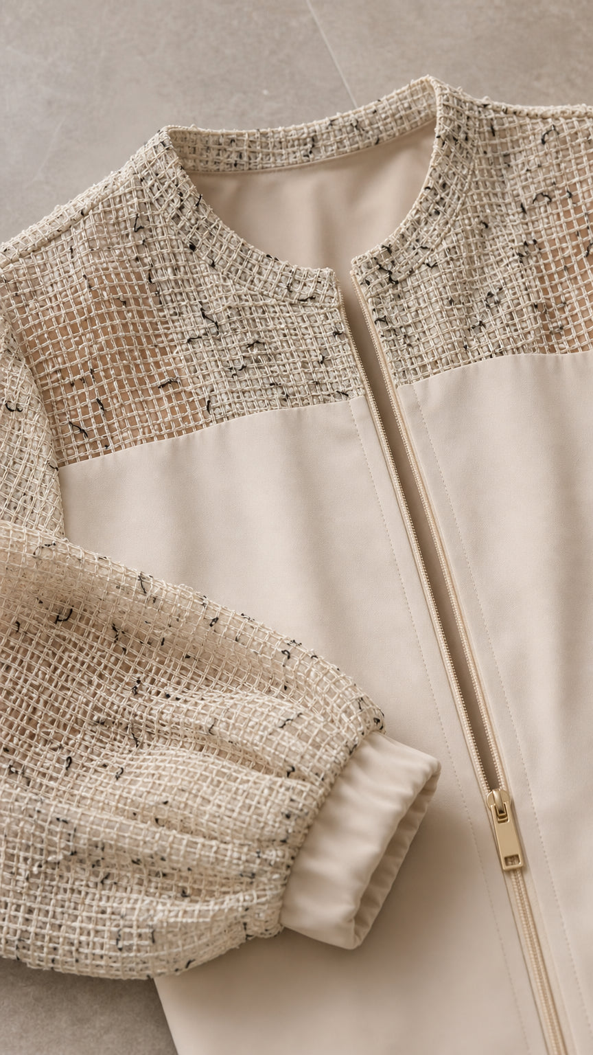 Close-up detail of textured woven mesh sleeve and zipper on beige jacket