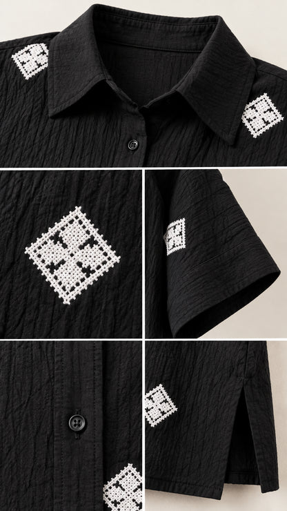 Close-up collage of black maxi dress collar embroidery, buttons, and crinkled texture