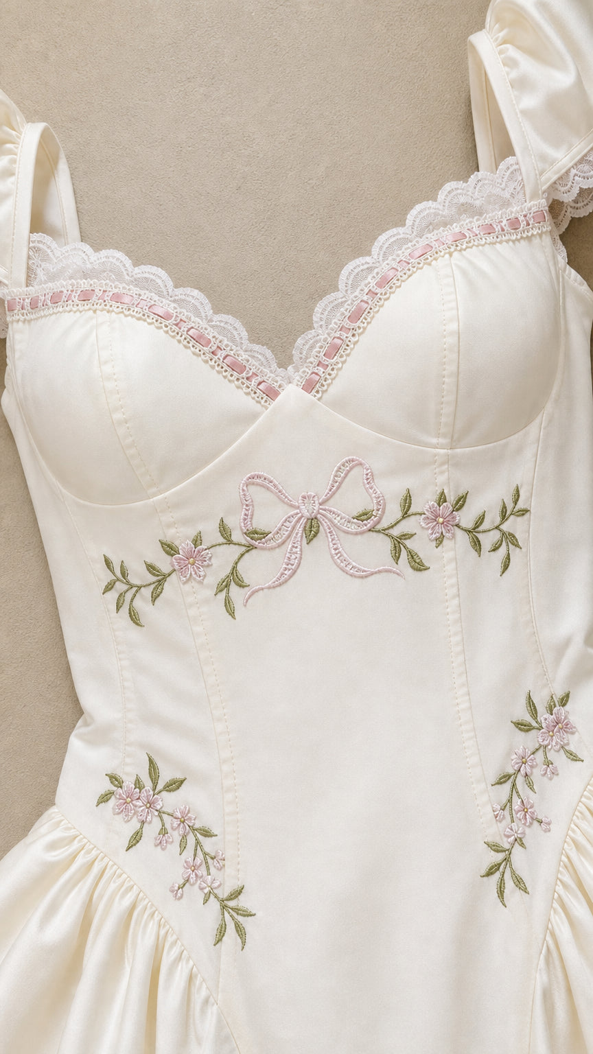 Close-up detail of sweetheart neckline, lace trim, and floral embroidery