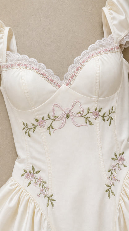 Close-up detail of sweetheart neckline, lace trim, and floral embroidery