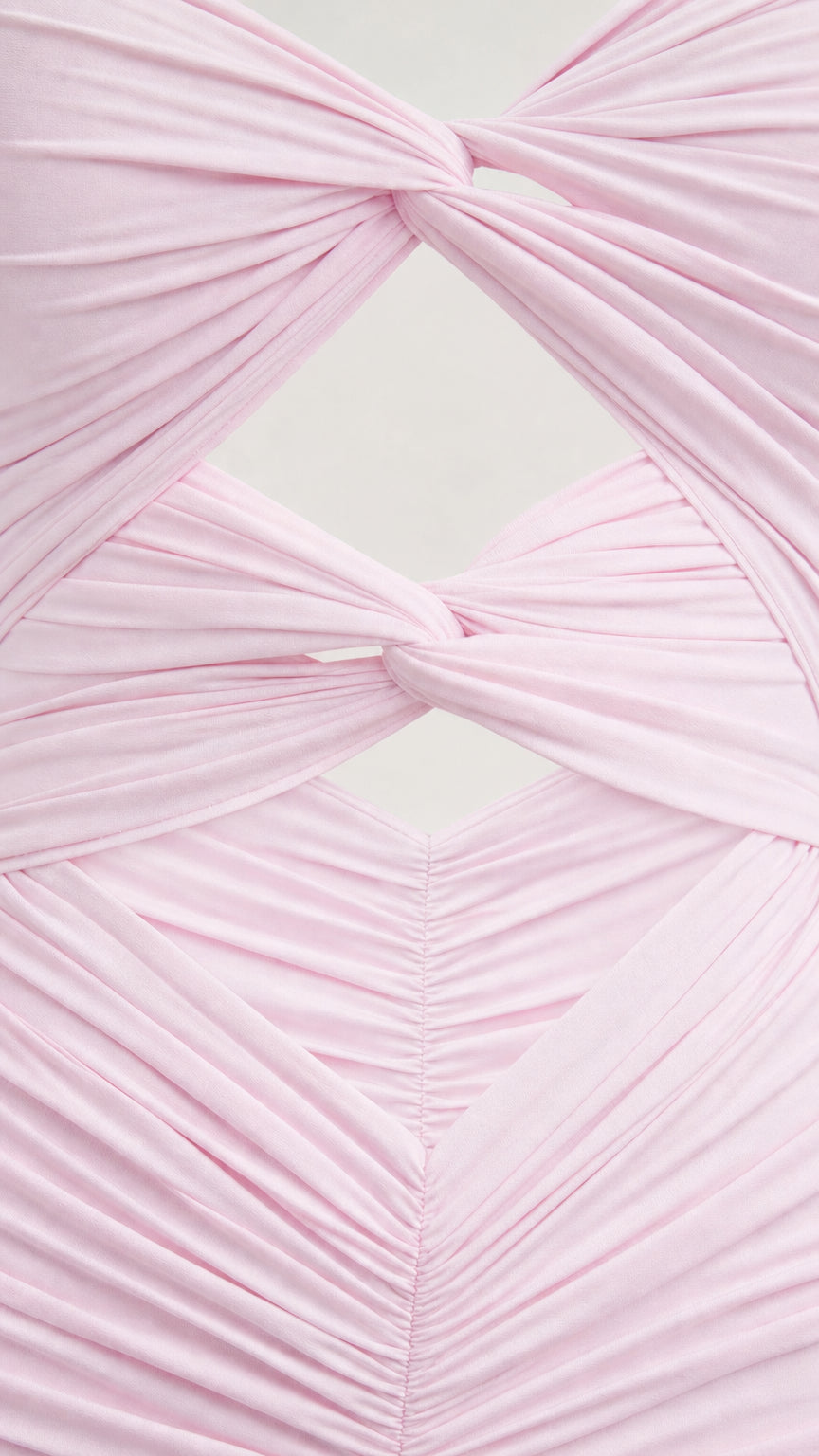 Close-up detail of front twisted knot and cutout design