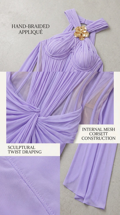 Close-up detail panel showing hand-braided appliqué, gold floral brooch, internal mesh corset construction, and sculptural twist draping