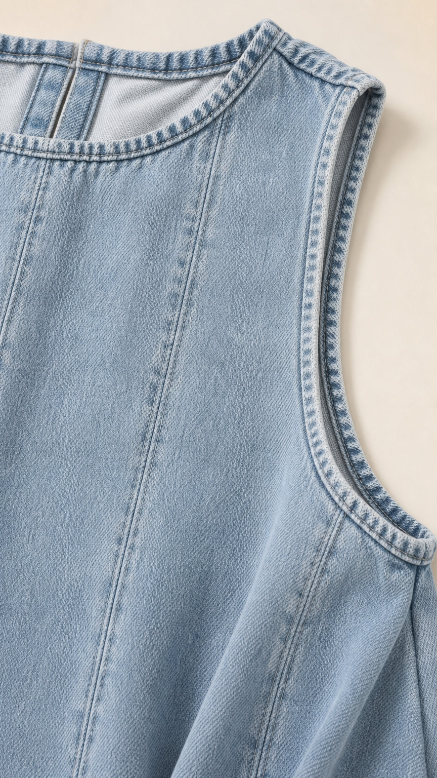 Close-up detail of Light Blue denim fabric, crew neckline, and vertical seam stitching