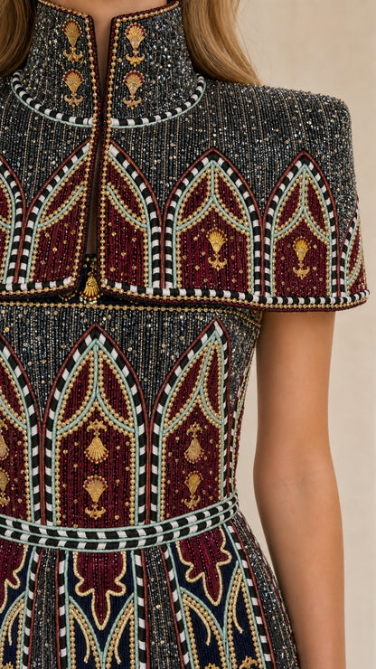 Close-up detail of ornate cathedral arched embroidery on high neck and capelet overlay
