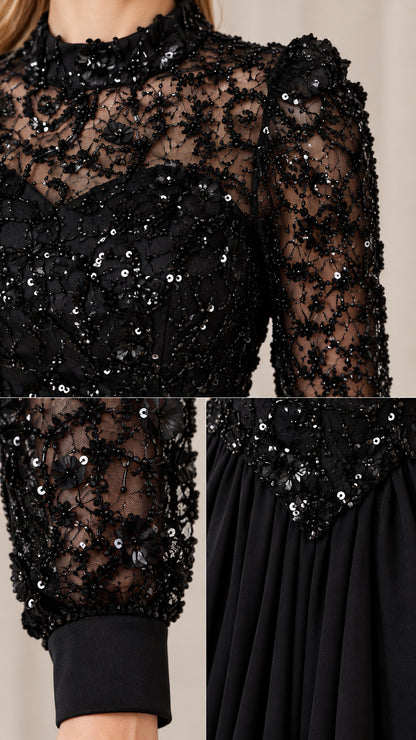 Close-up detail of black beaded floral lace bodice, mock neck, and cuff craftsmanship