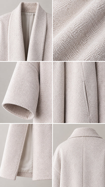 Close-up detail panel showing textured fabric, lapel, cuff, pocket, and lining