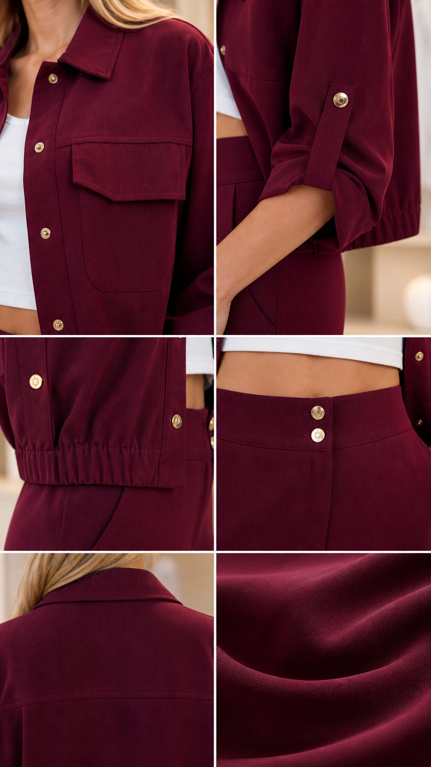 Close-up details of Burgundy shirt pockets, buttons, collar, and fabric texture