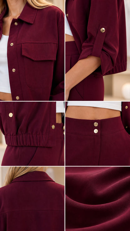Close-up details of Burgundy shirt pockets, buttons, collar, and fabric texture