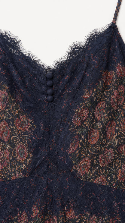 Close-up of lace neckline and button details on Navy slip dress