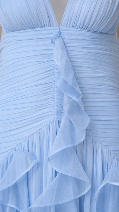 Close up detail of sky blue micro pleating and vertical ruffles on formal dress