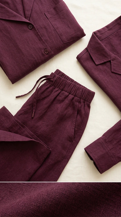 Close-up flat lay details of burgundy shirt collar, buttons, drawstring waistband, and woven texture