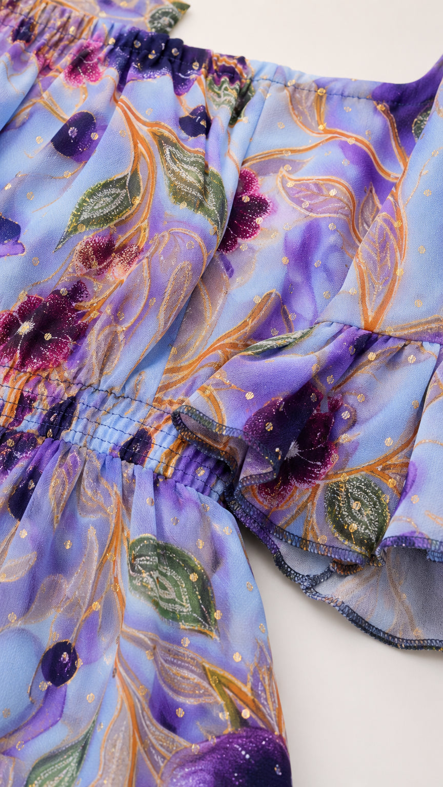 Close-up detail of Periwinkle Blue floral lightweight fabric, elastic smocking, and ruffle edge