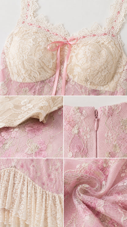 Close-up details of lace bodice, side zipper, and asymmetric hem