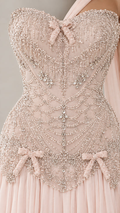 Close-up detail of intricate beadwork and bow accents on corset bodice