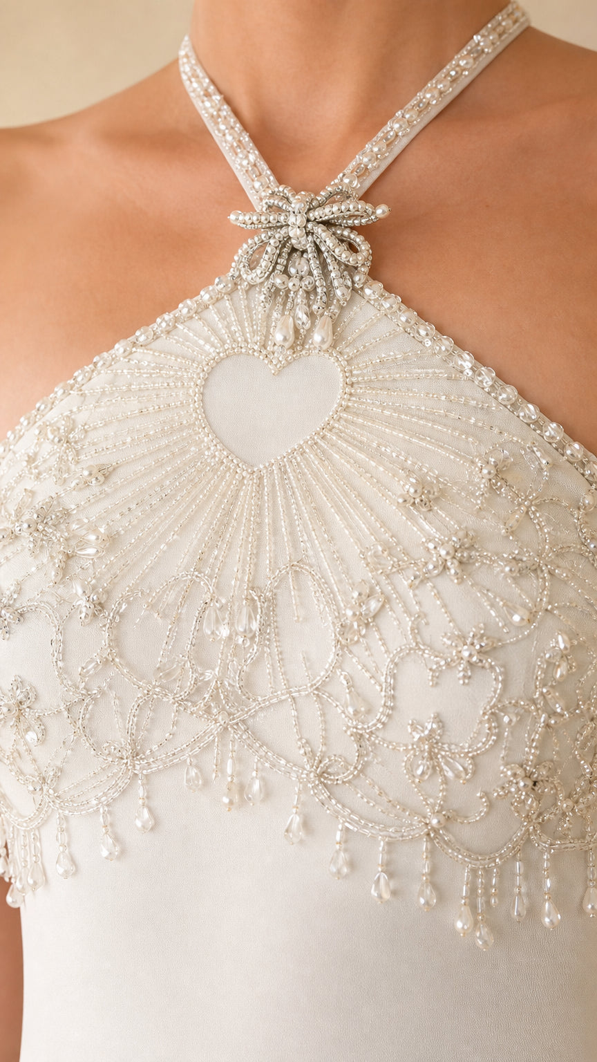 Close-up detail of intricate crystal beadwork and fringe on halter neckline