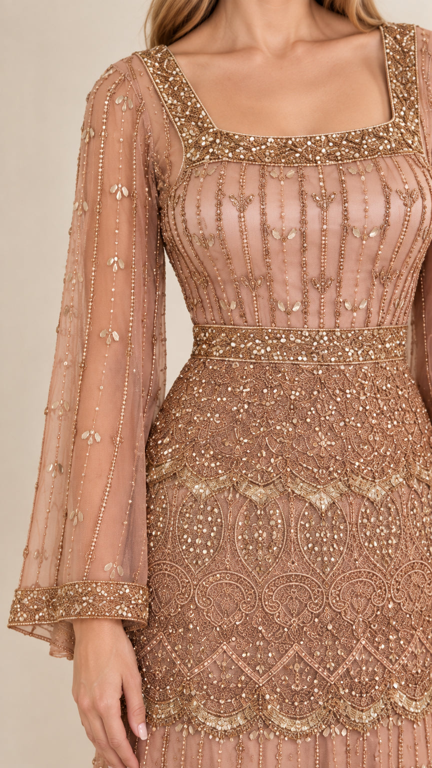 Close-up detail of intricate beadwork, sequins, and square neckline on dusty rose gown