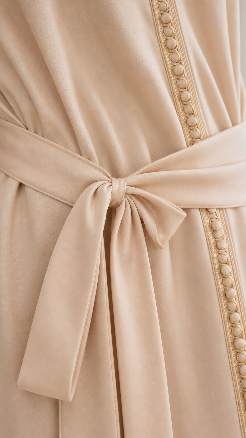 Close-up detail of waist tie belt and front beaded trim on beige fabric