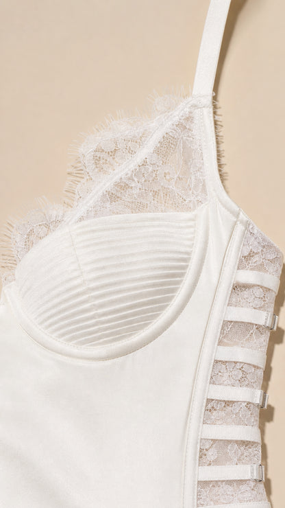 Close-up detail of bodice, sweetheart neckline, and lace trim