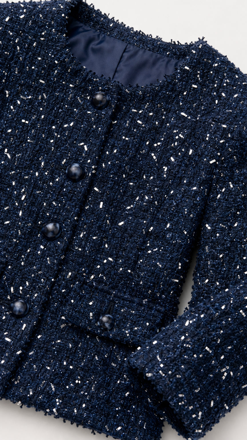 Close up of navy blue tweed jacket showing textured fabric, buttons, and neckline