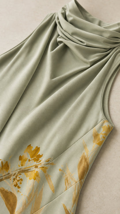 Close-up of cowl neck drape and fabric texture in Sage Green