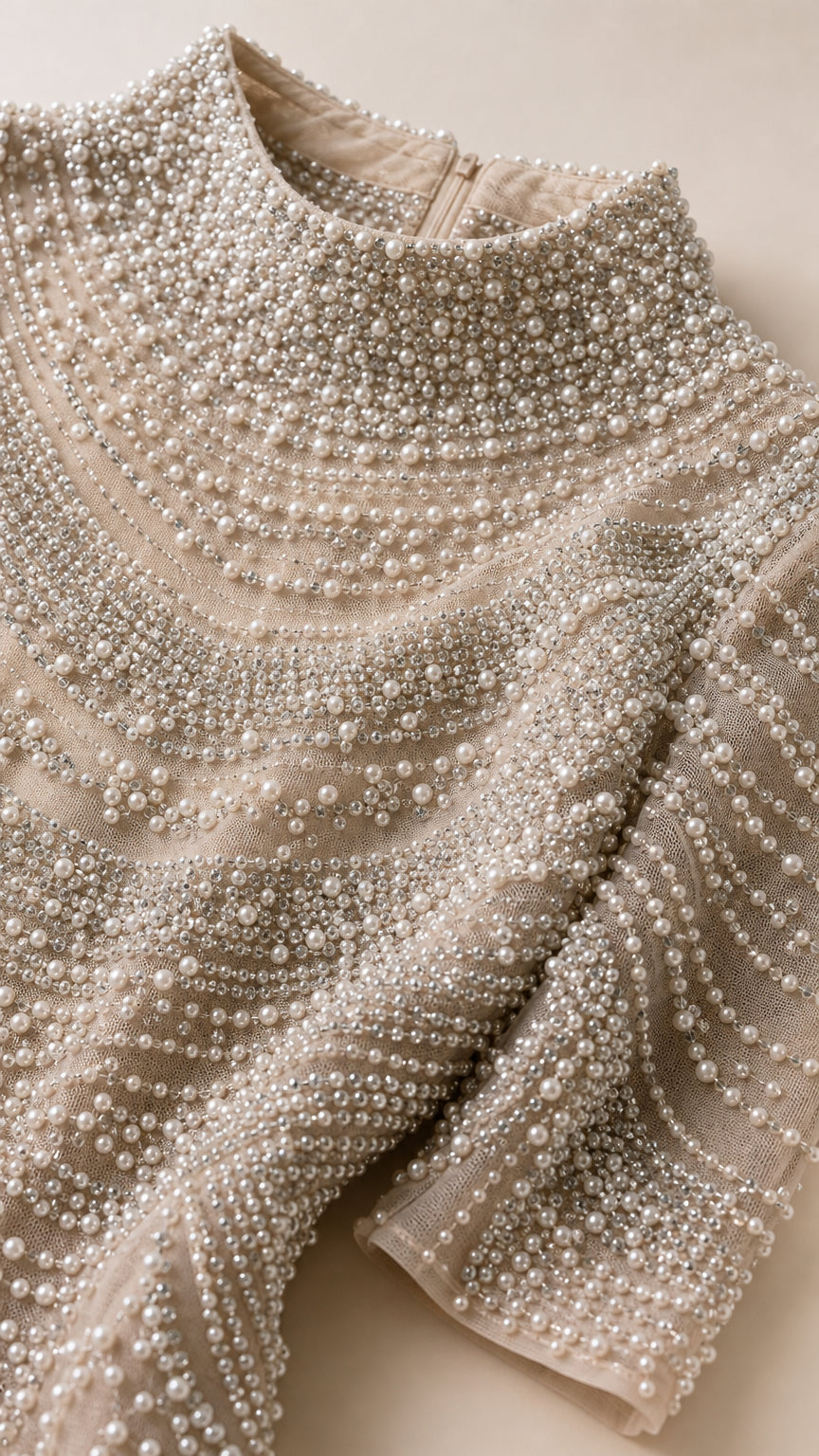 Close-up detail of high neckline and scalloped pearl beading embroidery
