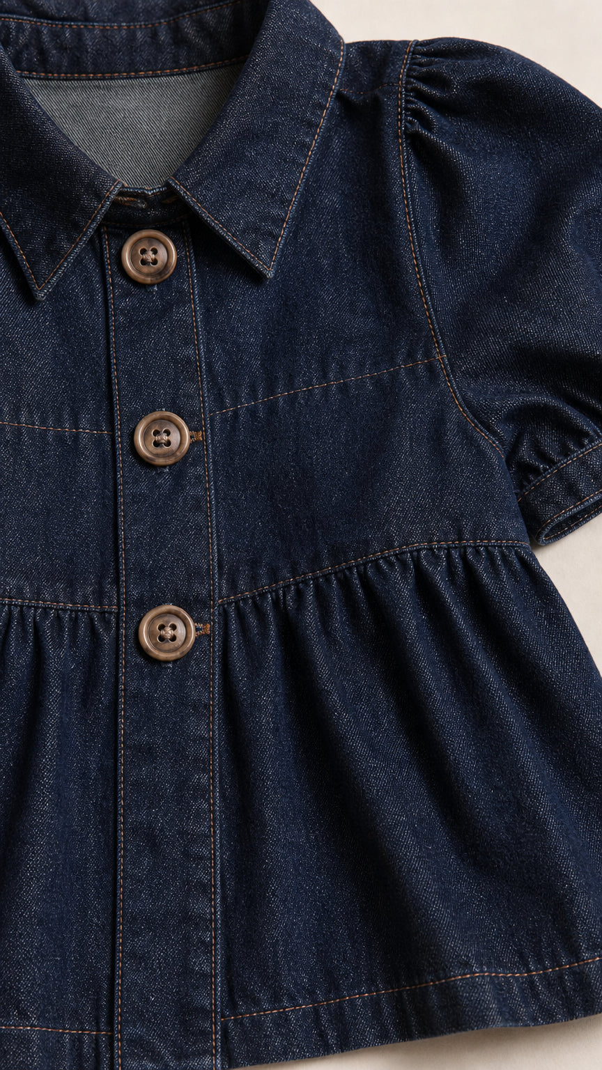 Close-up of dark denim top showing collar, buttons, and puff sleeve